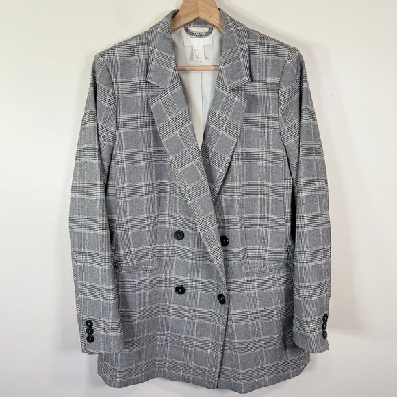 H&M Double-Breasted Black And White Career Long Line Plaid Blazer - Picture 2 of 15